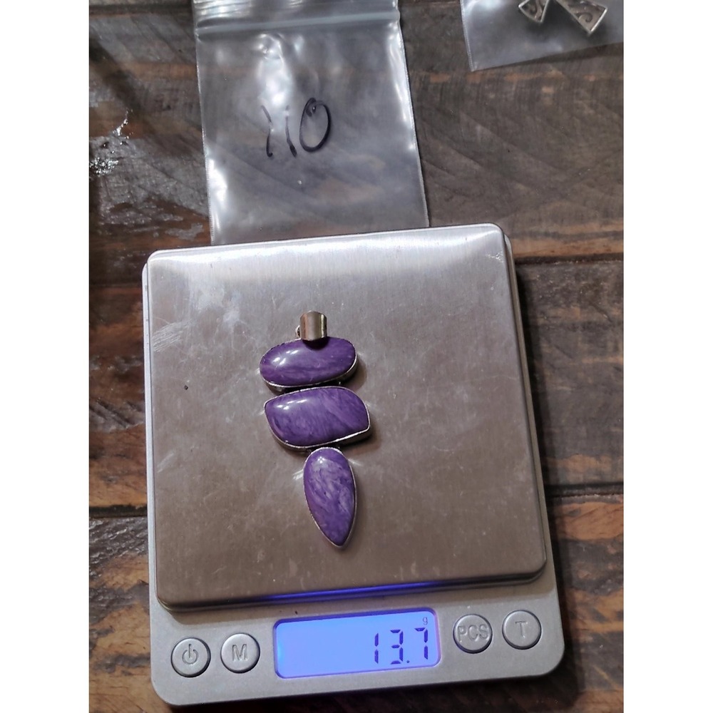 Natural Purple Charoite Pendant 925 3 Stone Tiered Drop 13.7g 2.5 in